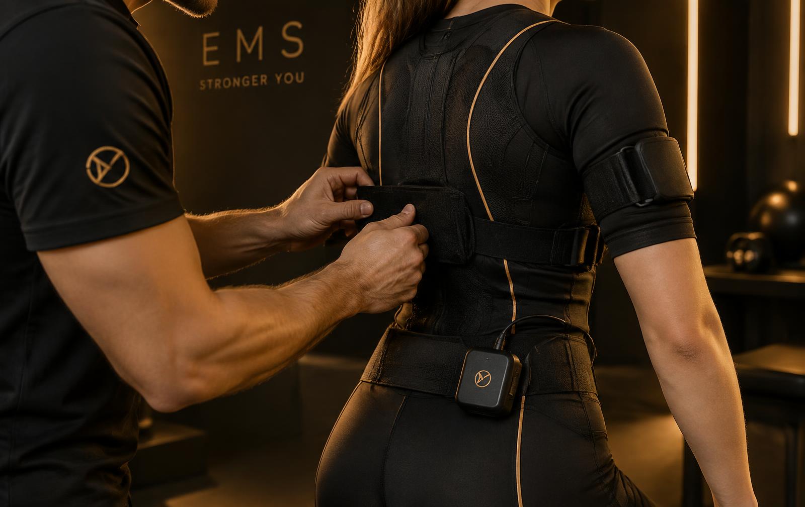 Trainer justiert den Rückengurt eines EMS-Anzugs