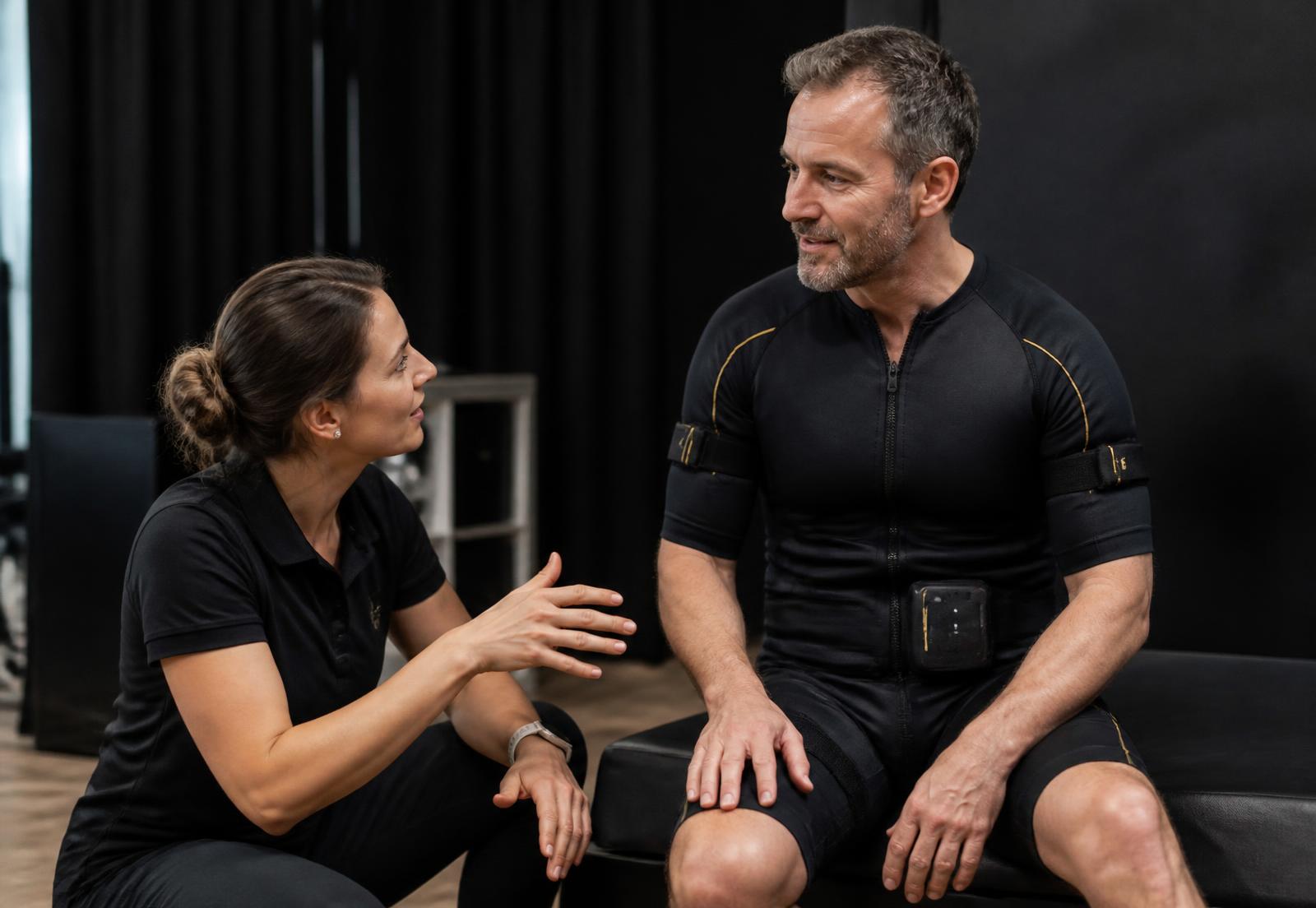 Trainer erklärt einer Kundin auf Augenhöhe eine Übung im EMS-Anzug