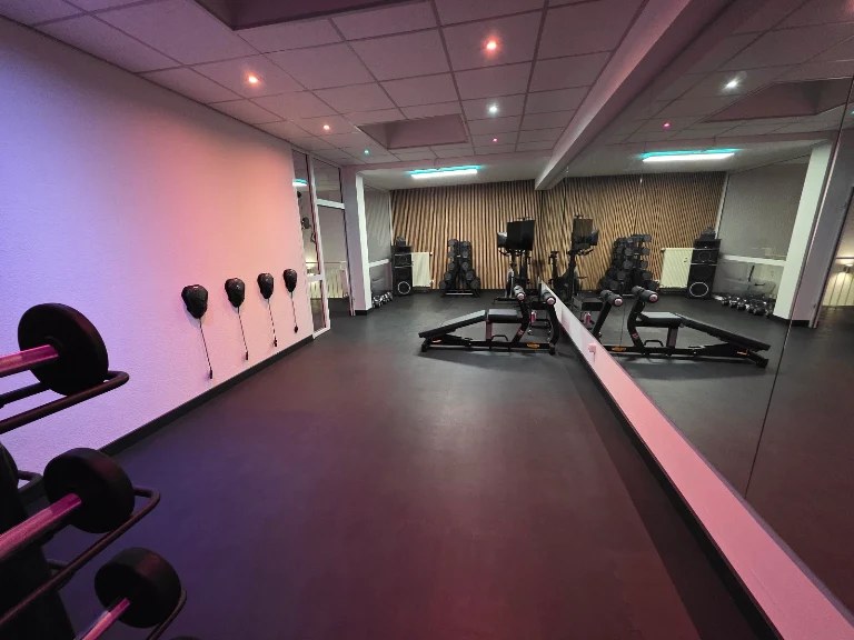 Trainingsfläche bei SUNLETHICS mit Kurzhanteln, Spiegelwand und Technogym-Geräten